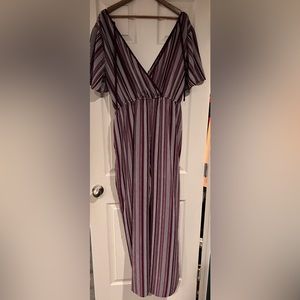 Purple and white pin striped jumpsuit.